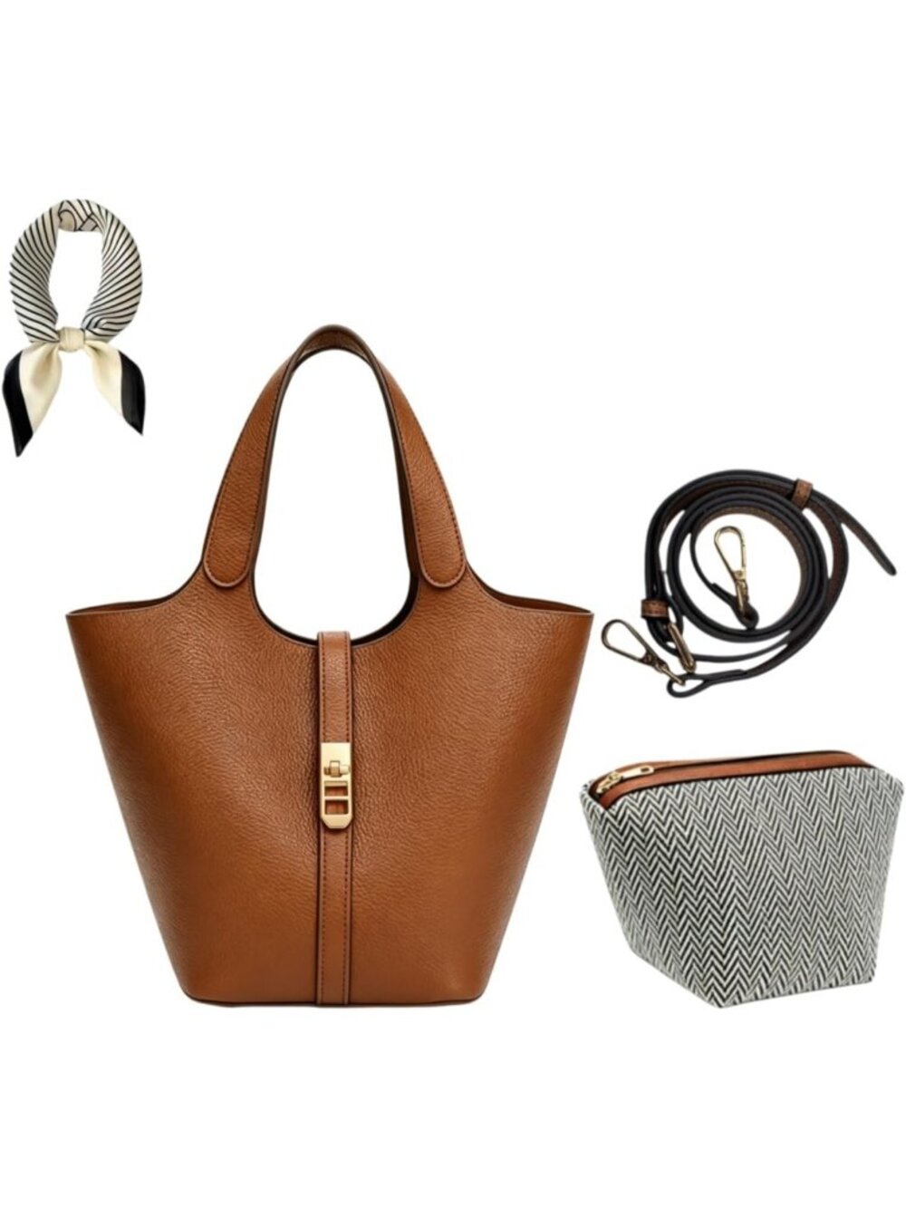 Stylish Vegan Leather Tote Bag - Bucket Satchel Handbag with Detachable Pouch